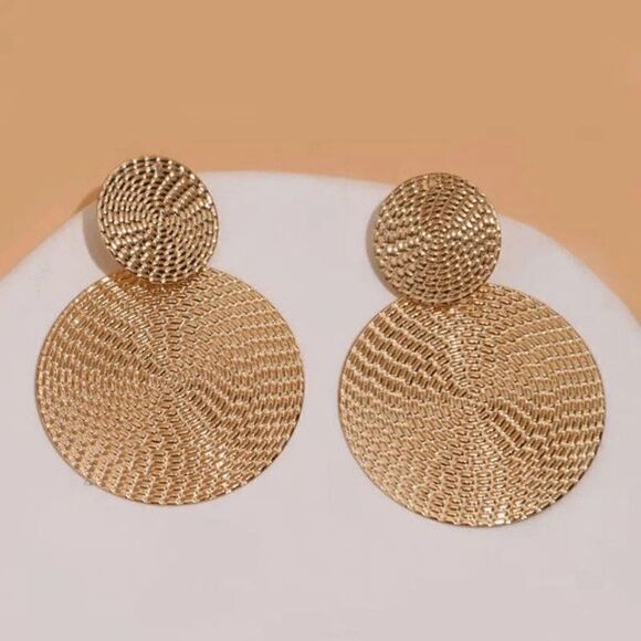GOLD TEXTURED ROUND GEOMETRIC DANGLE EARRINGS - Picture 1 of 5